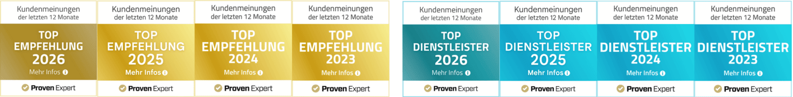 Bestens ausgezeichnet durch ProvenExpert - wir sind stolz und froh, bei unseren Kunden so lange schon so gut anzukommen.